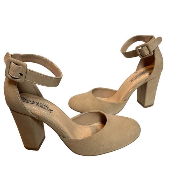 Comfort 7.5 Beige Tan Nude Kaili Leather Ankle Strap Block Heel Dress Pump Work - Picture 2 of 12